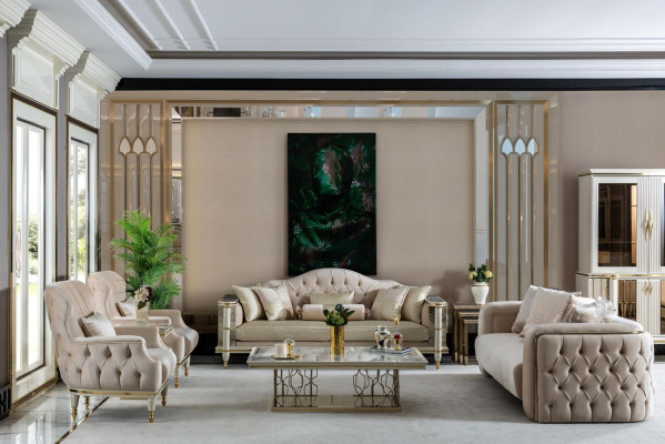 Sofa 3 zits Beige Meubels Woonkamer Chesterfield Bekleding Stof Luxe Nieuw