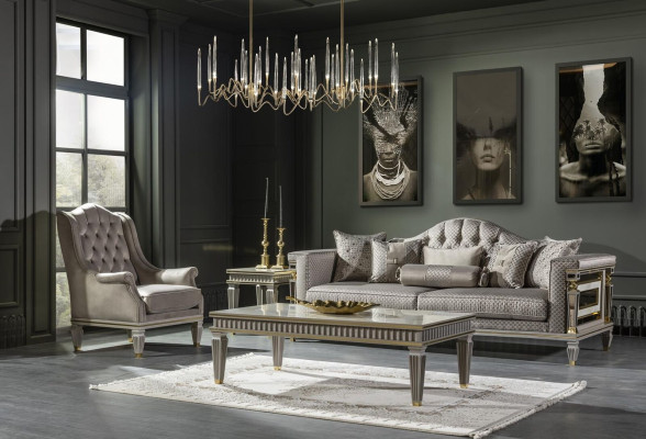 Woonkamerset Grijs Bankstel Salontafel Fauteuil Elegant Bijzettafel 4-delig.