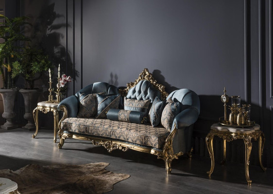 Woonkamer set Blauw Bank 3-zits Elegante 2x Bijzettafel Design Nieuw 3-delig.