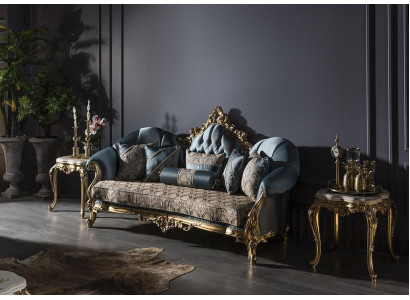 Woonkamer set Blauw Bank 3-zits Elegante 2x Bijzettafel Design Nieuw 3-delig.