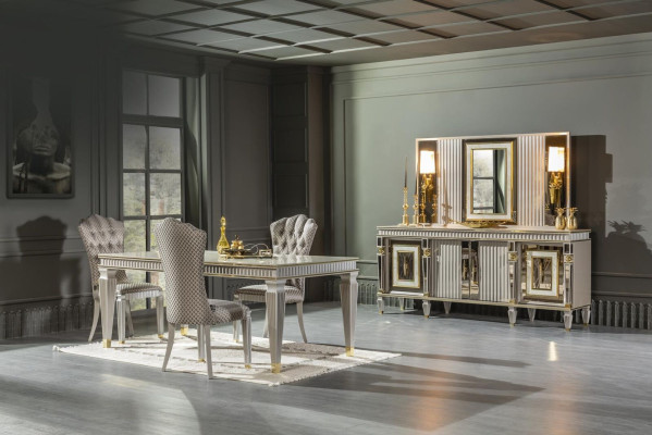 Eetkamer set Grijs 4x Stoelen Eettafel Dressoir Spiegel Elegant Design 7-delig.
