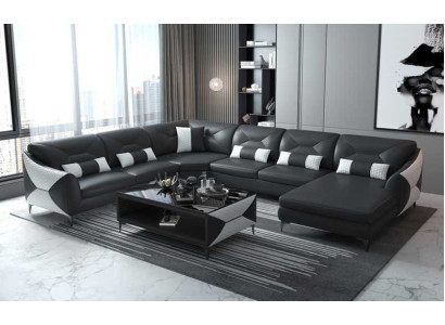 Grote woonlandschap bank U-vorm hoekbank zwart kunstlederen sofa