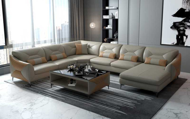 Grote woonlandschap bank U-vorm hoekbank zwart kunstlederen sofa