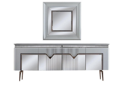 Designer eetkamerset bestaat uit 2-delige dressoir spiegel commode zilver