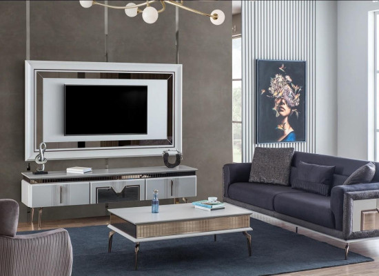 Woonkamer woonkamer grijs meubels dressoir tv wandpaneel paneel 2-delig.