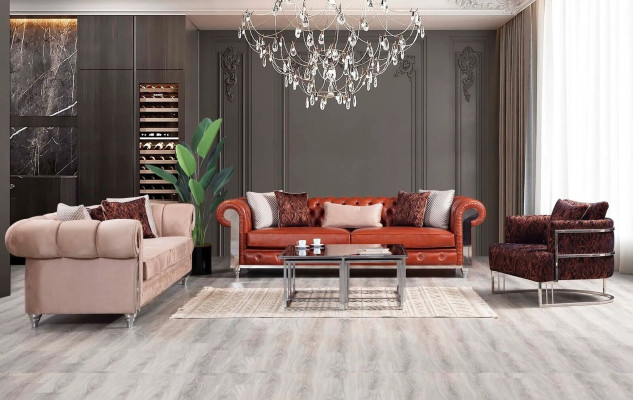 Chesterfield bankstel, driezits, bruin bankstel, gestoffeerde bank   Chesterfield bankstel, driezits, bruine bank, gestoffeerde bank