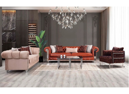 Chesterfield bankstel, driezits, bruin bankstel, gestoffeerde bank   Chesterfield bankstel, driezits, bruine bank, gestoffeerde bank
