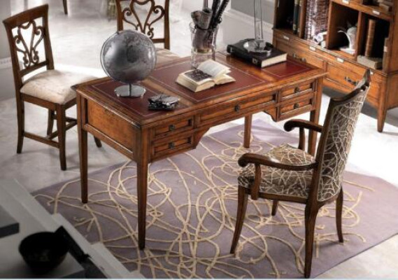 Schrijftafel en stoel van hout met armleuningen Boekenkast Kantoorinrichting Design 4-delig