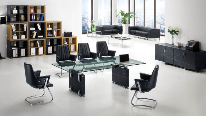 Vergadertafel, conferentietafel, seminartafel, glazen tafel, tafels, 5 x stoel met leuningen.