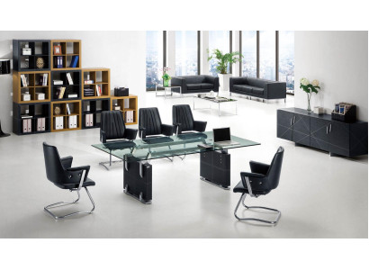 Vergadertafel, conferentietafel, seminartafel, glazen tafel, tafels, 5 x stoel met leuningen.