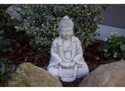 Boeddha-beeld in steenlook. Groot beeld voor tuindecoratie.
