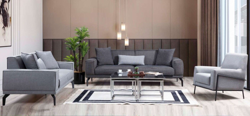 Grijze bankstel, complete bankstel, gestoffeerde bank, stoffen bank, bank.