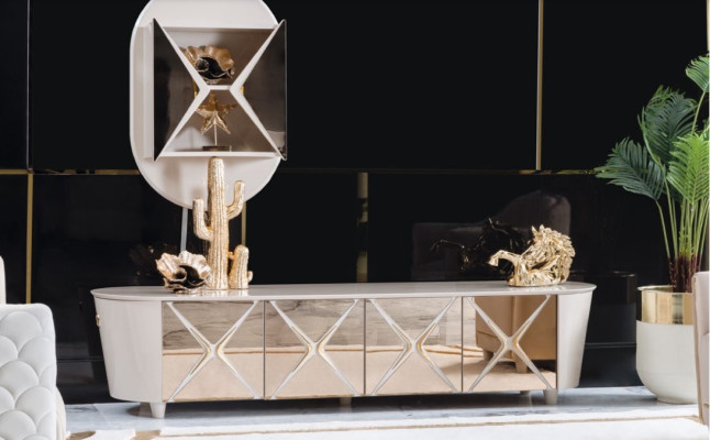 Woonkamer dressoir hout Laag bord Gouden plank Nieuw 2-delig dressoir Planken dressoir