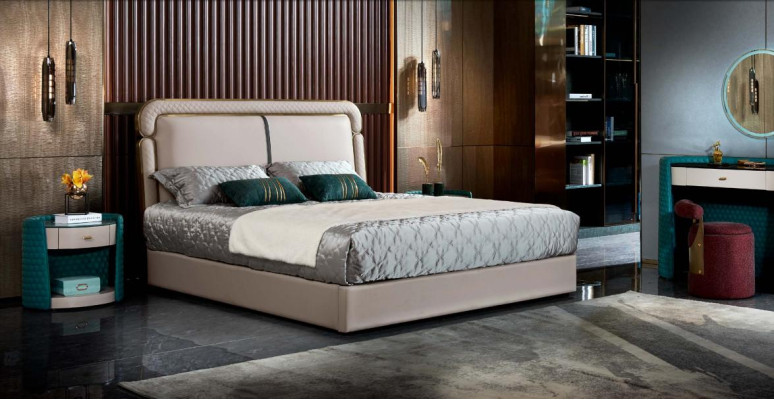 Bed Slaapkamer Beige Tweepersoonsbed Lederen bed Modern Design Meubels Hout