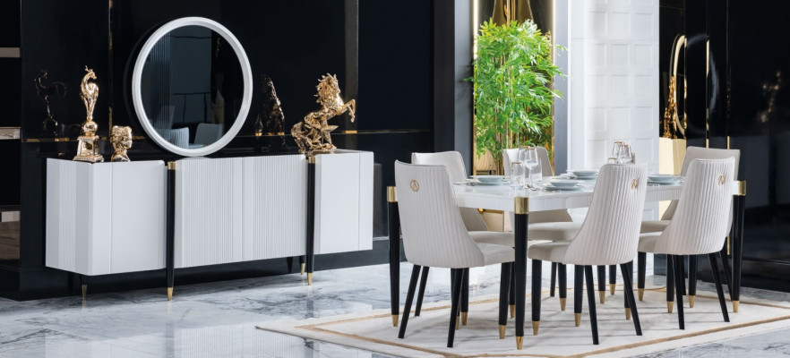 Eettafel 6 stoelen commode spiegel Complete eetkamerset 9-delig Nieuwe set