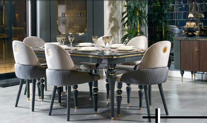 Eetkamer set van fluweel textiel stoel 6x stoelen groep set woon hout echt