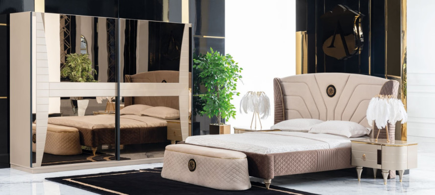 Luxe set slaapkamer bed nachtkastje commode kruk set ensemble nieuw 5-delig.