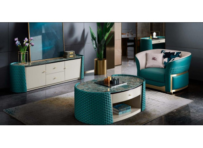Salontafel Onderkast Hout Leder Turkoois Modern Nieuw 2-delig Designmeubilair