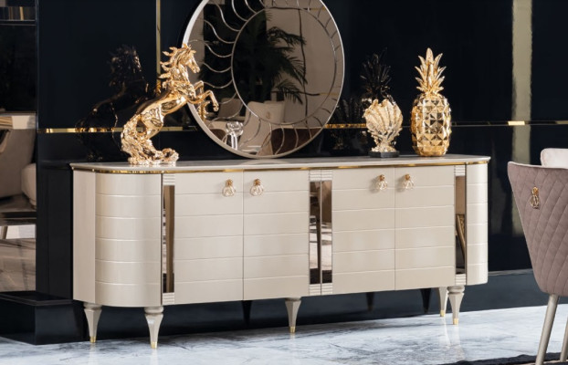 Volledige eetkamer dressoir tafel 6x stoelen dressoir spiegel set garnituur nieuw