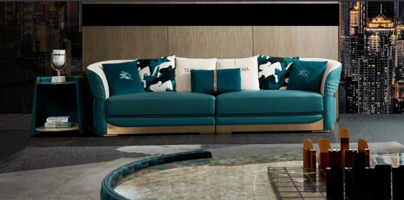 Salontafel Hout Leer Turkoois Ovaal Modern Ontwerp Meubels Luxe Woonkamer 140x83