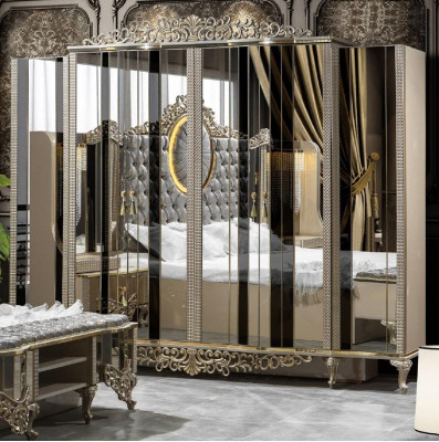 Luxe slaapkamerset met dubbel bed, klassiek beige set van 5 stuks. Nieuw.