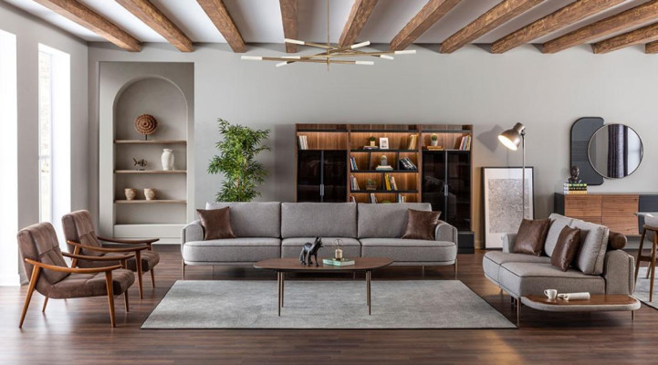 Grijze bekleding 3+2 zits set woonkamer-design salontafel luxe meubels