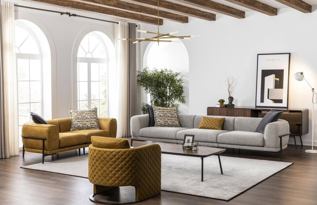 Sofaset banken kunstleer bank 321-zits modern geel fauteuil set