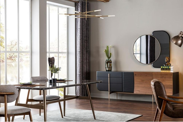 Eettafel Eethoek Eetkamerstoelen Dressoir Set 7-delig Marmer Zwart