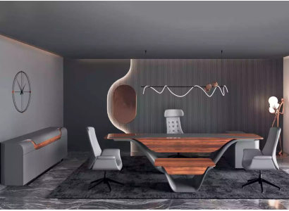Een luxueuze set voor een hoogwaardig kantoor in futuristische stijl.
