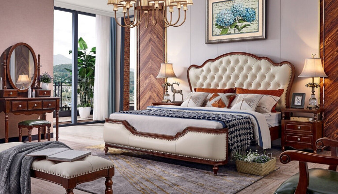 Bed 2x Nightstands Dressing table Bench Bedroom Luxury Wood 6-piece set.