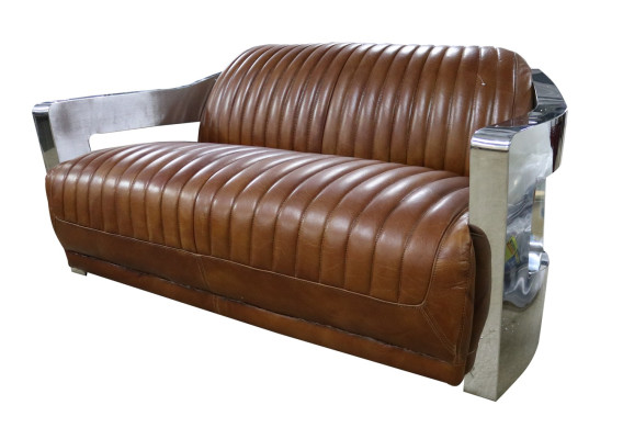 Sofa Vintage 2-zits leren bank in retrostijl echt leer aluminium meubels met studs.