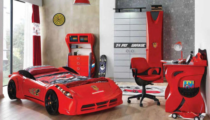 Kinderkamer Auto set Bed Kledingkast Commode Bureau Jongensmeubels 4-delig