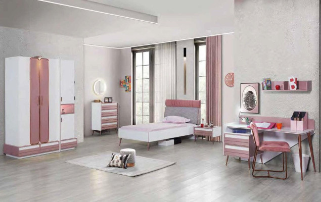 Compleet kinderkamer jeugdkamer set tafel bed kast commode 5-delig.