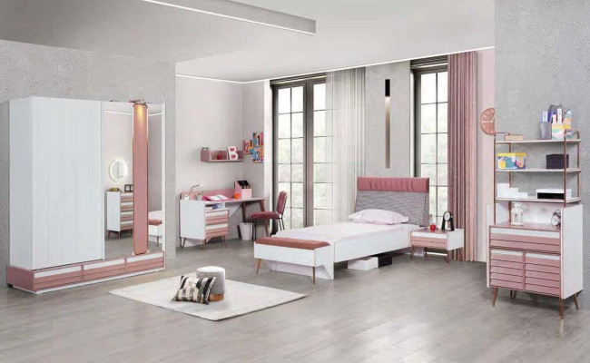Compleet kinderkamer jeugdkamer set tafel bed kast commode 5-delig.