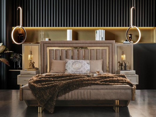 Complete slaapkamermeubels Tweepersoonsbed Bed Nachtkastjes Beige 3-delig