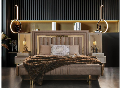 Complete slaapkamermeubels Tweepersoonsbed Bed Nachtkastjes Beige 3-delig