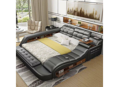 Bed Dubbele boekenplanken Lederen gestoffeerde bedden Multifunctioneel met nieuwe massagefunctie