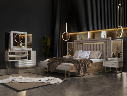 Slaapkamermeubilair Tweepersoonsbed Bed Nachtkastjes Console Beige 4-delig Luxe