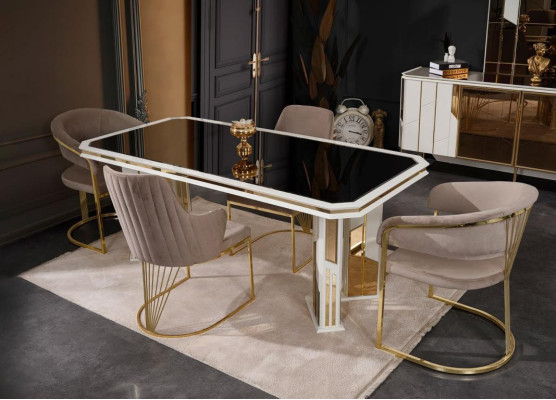 Luxe eetkamerset, eetgroep, eethoek, eettafel, stoelen in beige, 7-delig.