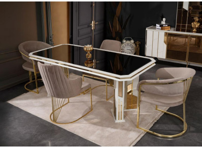 Luxe eetkamerset, eetgroep, eethoek, eettafel, stoelen in beige, 7-delig.