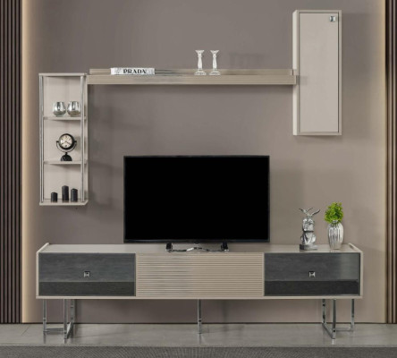 Woonwand RTV laag tv-meubel tv-standaard kast hout grijs planken woonkamer