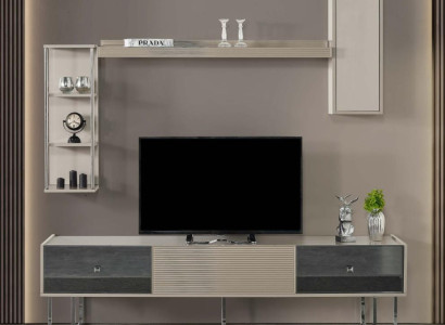 Woonwand RTV laag tv-meubel tv-standaard kast hout grijs planken woonkamer