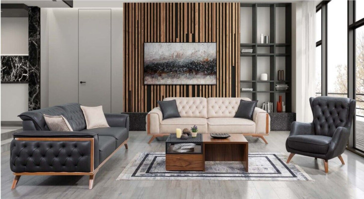 Stijlvolle zwart-beige woonkamerbankstel 3+3+1 zits 3-delige set