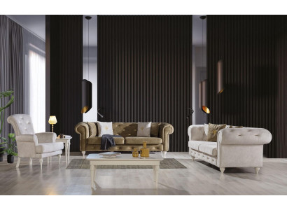 Stijlvolle woonkamerbankstel met driezitter, tweezitter, luxe fauteuil en bank.