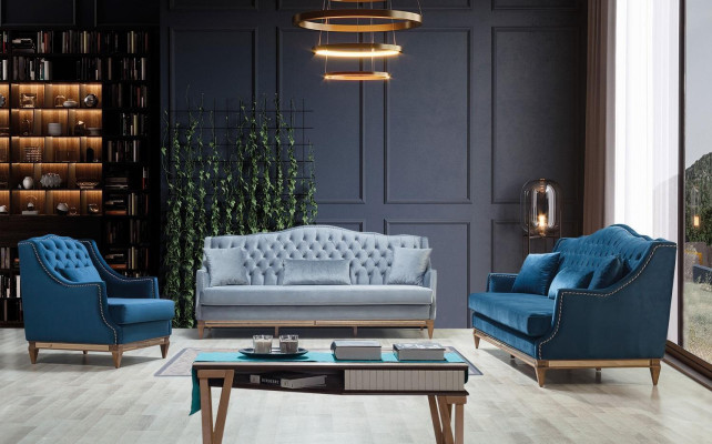 Moderne Blauwe Chesterfield bankstel Designer Driepersoons Luxe Fauteuil