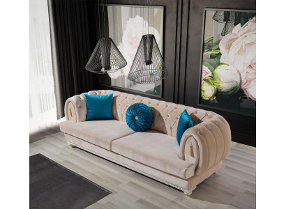Beige Chesterfield gestoffeerde bank Designer driezits stoffen bankstellen 3-zits