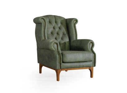 Groene Chesterfield luxe fauteuil gestoffeerde designer fauteuil met armleuningen.