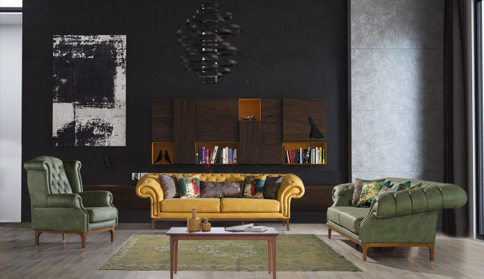 Groene Chesterfield luxe fauteuil gestoffeerde designer fauteuil met armleuningen.