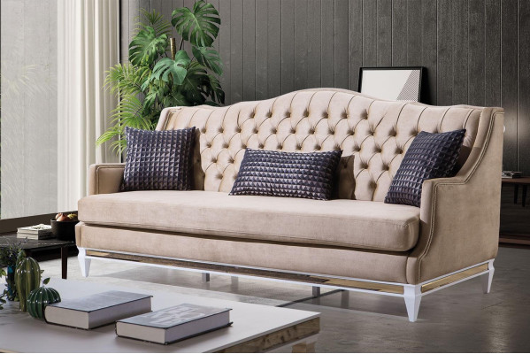 Beige Chesterfield driezits Luxe textielbank Designer stoffen bankstellen