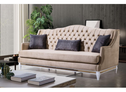 Beige Chesterfield driezits Luxe textielbank Designer stoffen bankstellen